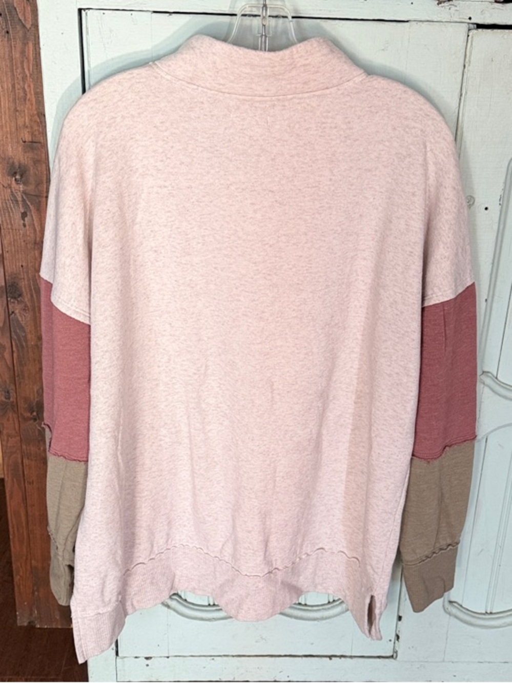Maurices Oatmeal Colorblock Henley Hoodie with Rose and Olive Sleeves - Picture 3 of 4